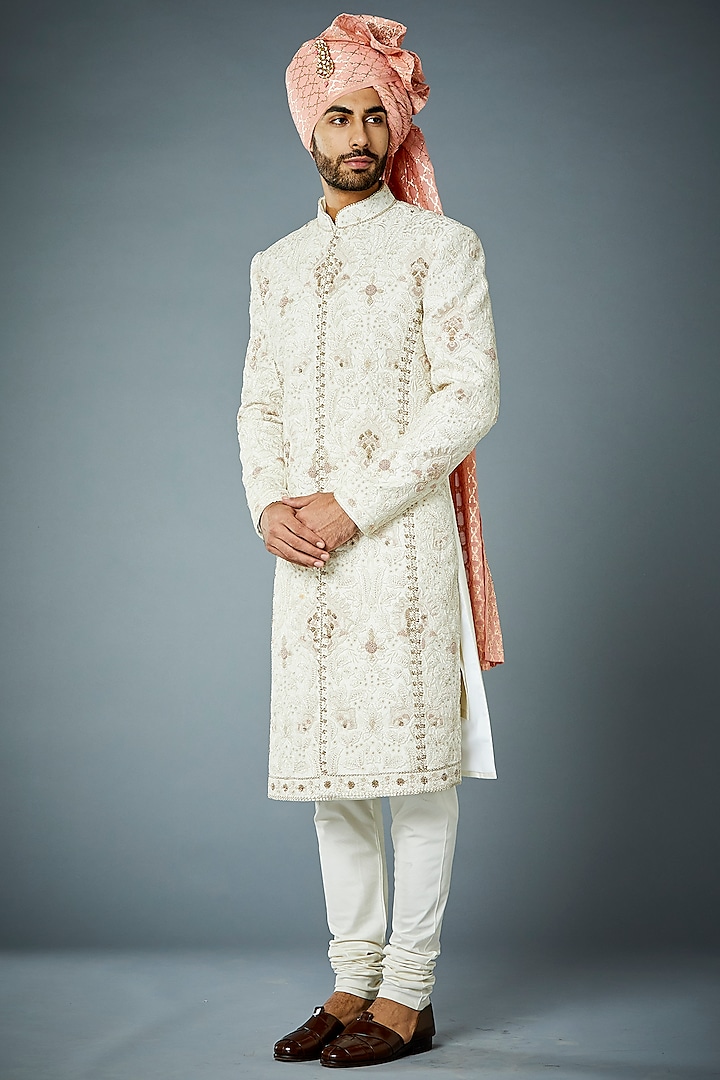 Ivory Embroidered Sherwani Set by Gargee Designers