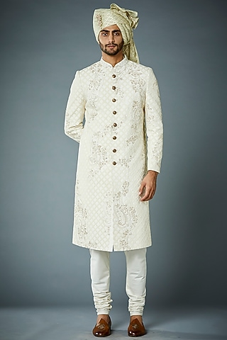 Ivory Poly Viscose Sherwani Set by Gargee Designers