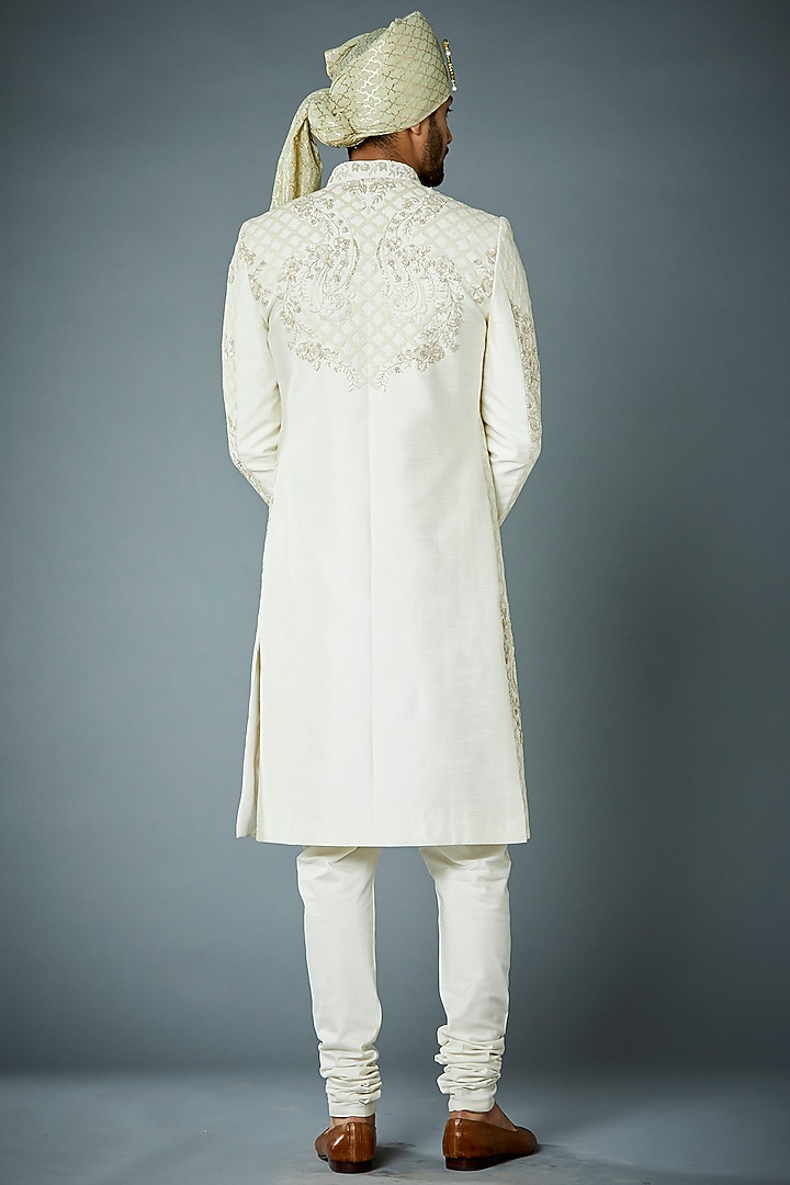 Ivory Poly Viscose Wedding Sherwani Set by Gargee Designers at Pernia's Pop Up Shop