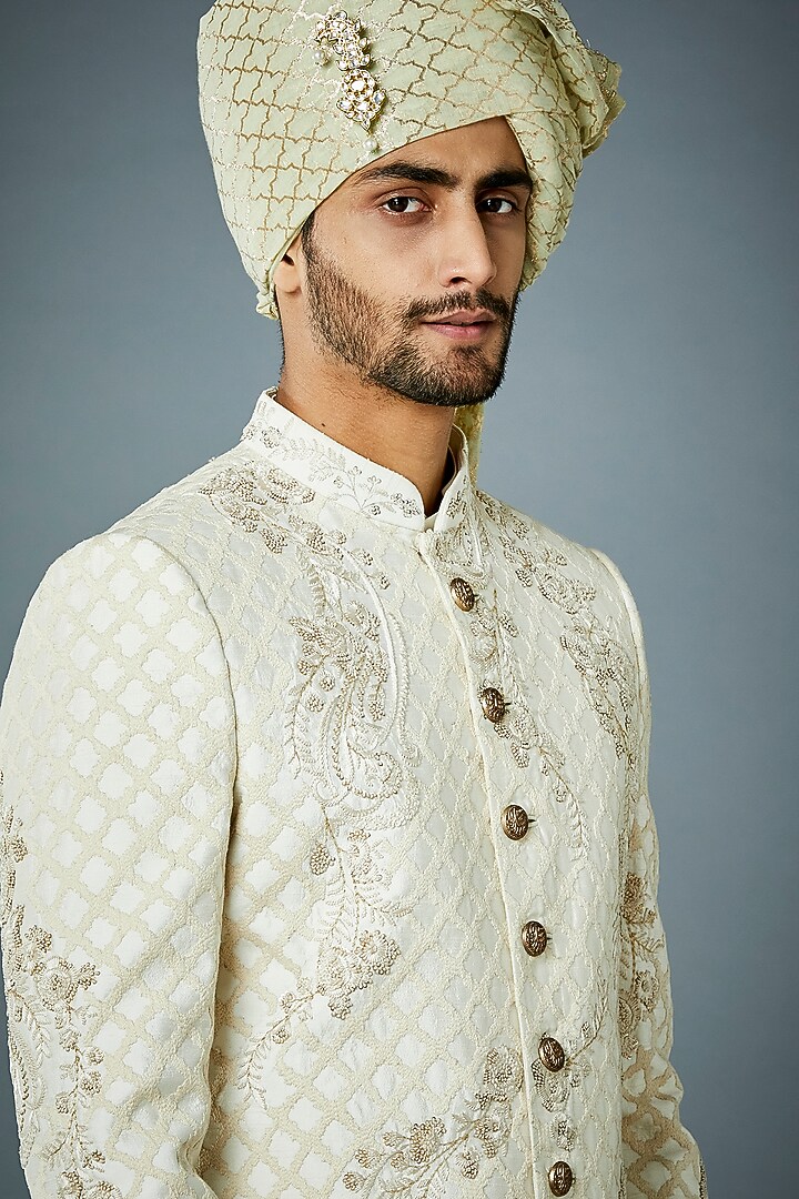 Ivory Poly Viscose Wedding Sherwani Set by Gargee Designers at Pernia's Pop Up Shop