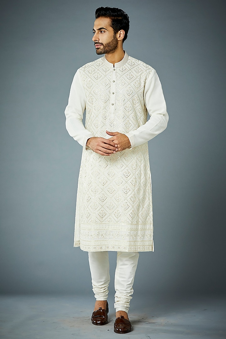 Off-White Embroidered Kurta Set by Gargee Designers