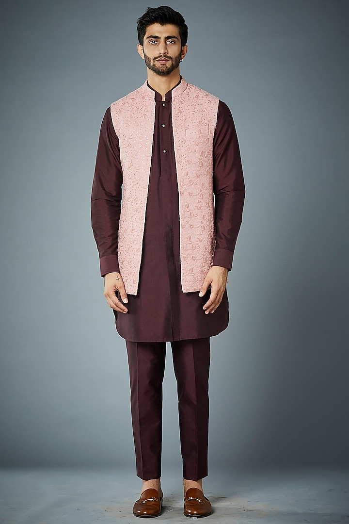 Pink Embroidered Jacket With Kurta Set by Gargee Designers
