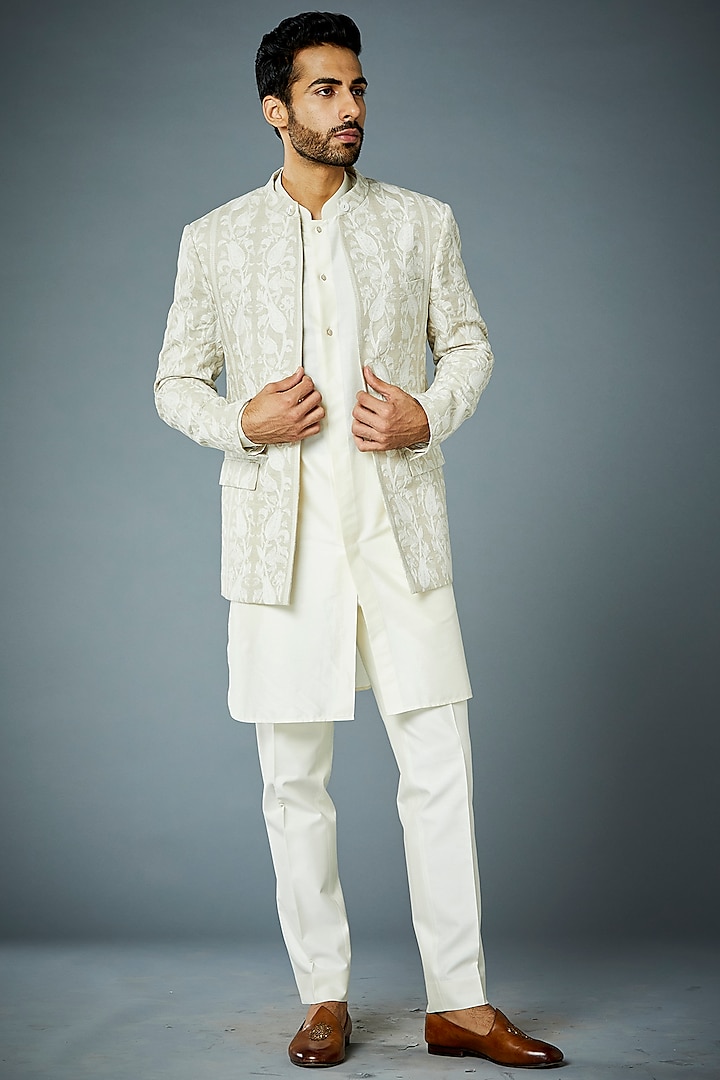 Off-White Embroidered Bandhgala Set by Gargee Designers