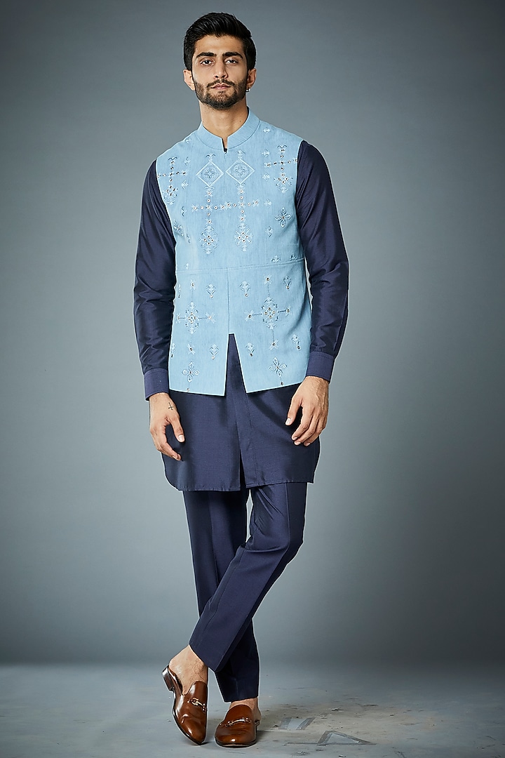 Blue Embroidered Bundi Jacket With Kurta Set by Gargee Designers