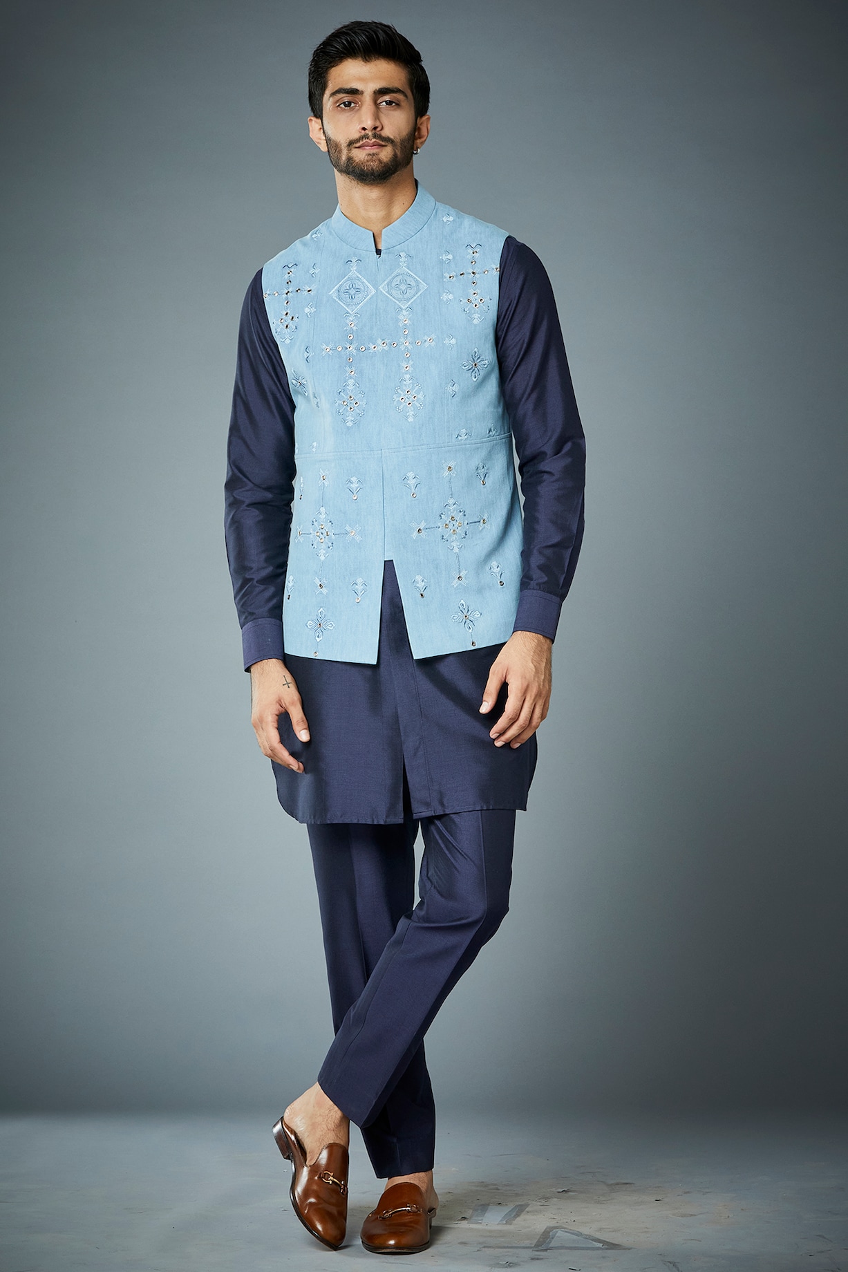 Beige embroidered kurta and bundi jacket set
