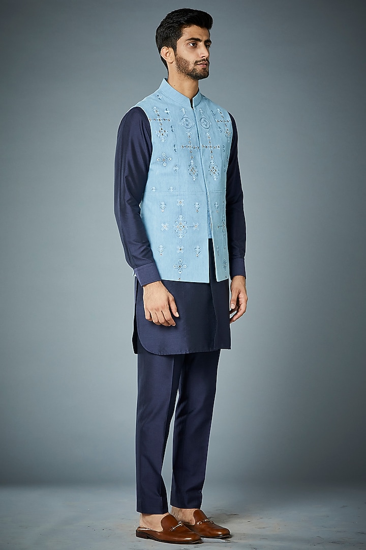 Blue Embroidered Bundi Jacket With Kurta Set by Gargee Designers at Pernia's Pop Up Shop