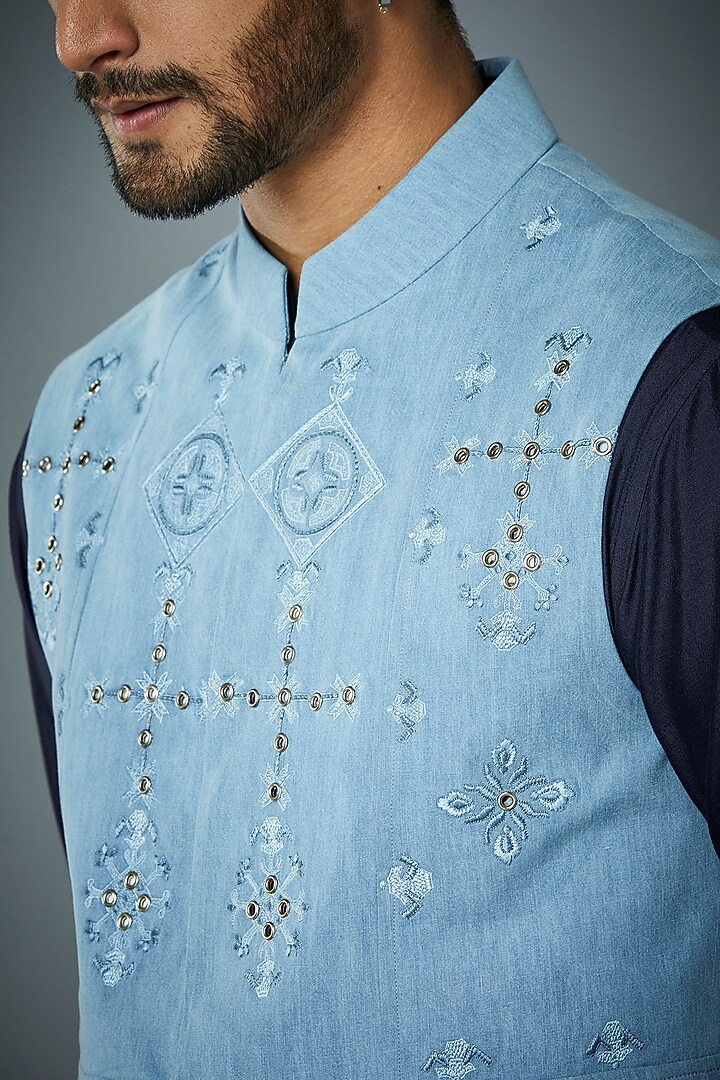 Blue Embroidered Bundi Jacket With Kurta Set by Gargee Designers at Pernia's Pop Up Shop