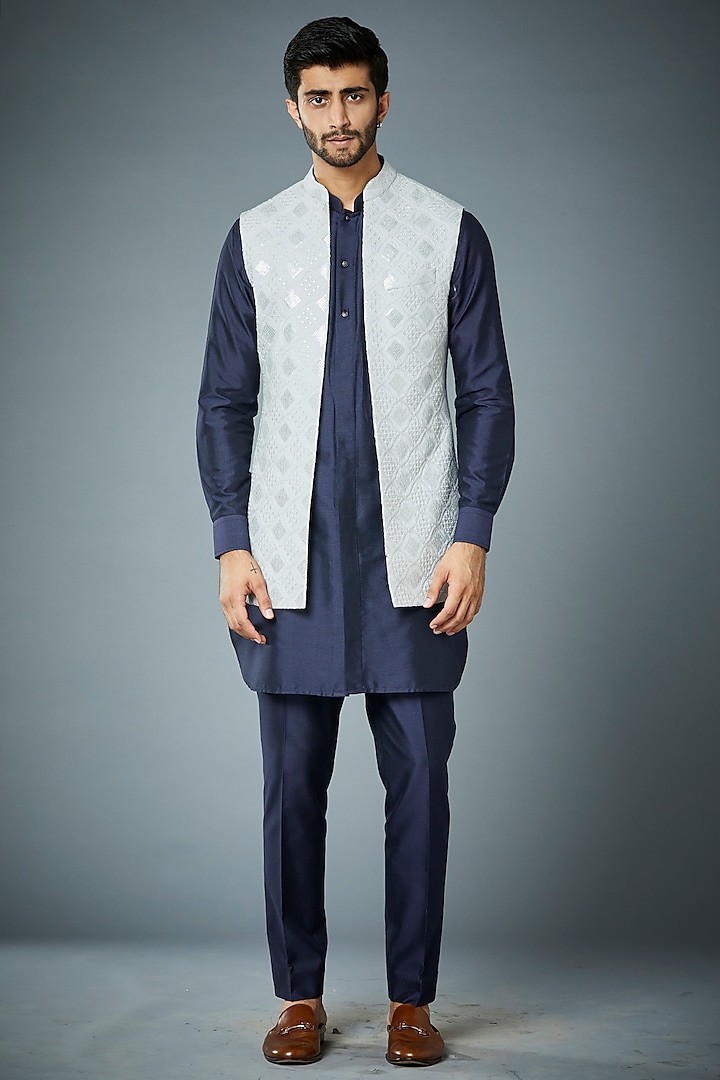 Grey Embroidered Jacket With Kurta Set by Gargee Designers