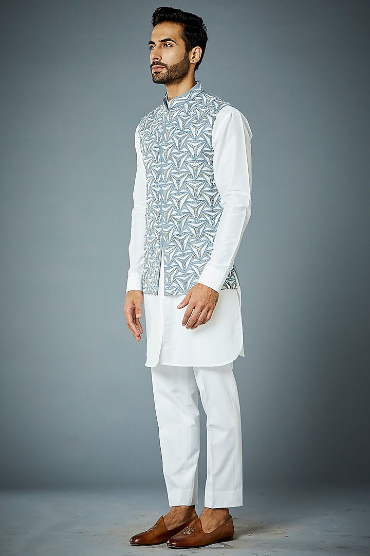 Ice Blue Zari Embroidered Bundi Jacket With Kurta Set by Gargee Designers