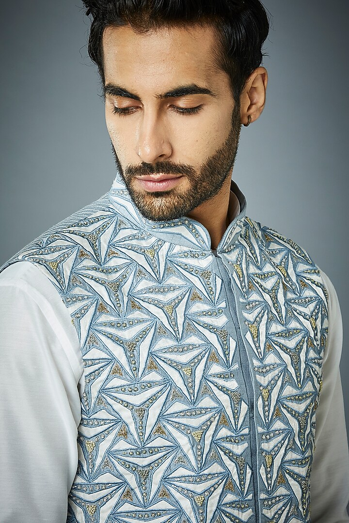 Ice Blue Zari Embroidered Bundi Jacket With Kurta Set by Gargee Designers at Pernia's Pop Up Shop