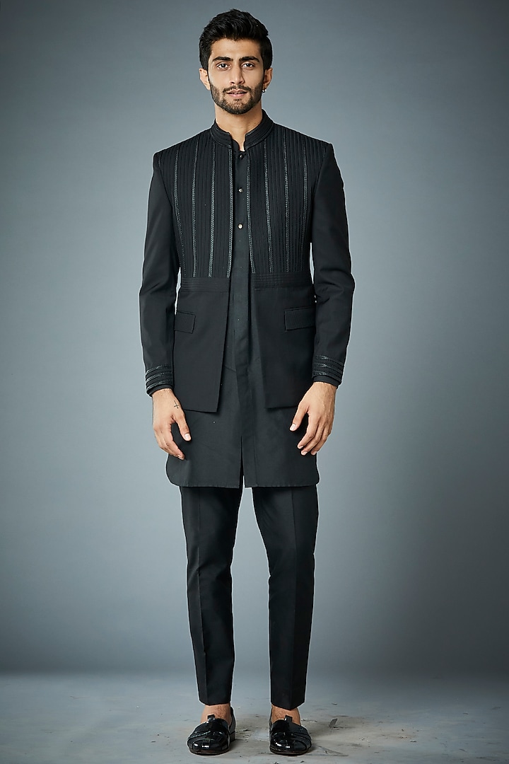 Black Poly Wool Bandhgala Set by Gargee Designers