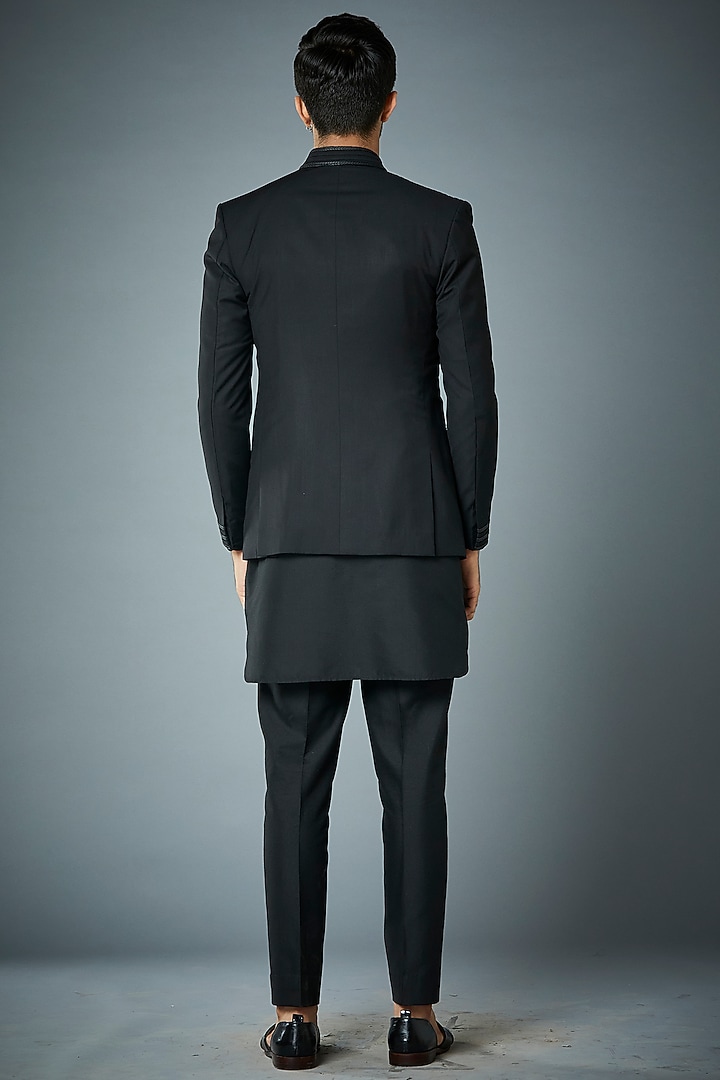 Black Poly Wool Wedding Bandhgala Set by Gargee Designers at Pernia's Pop Up Shop