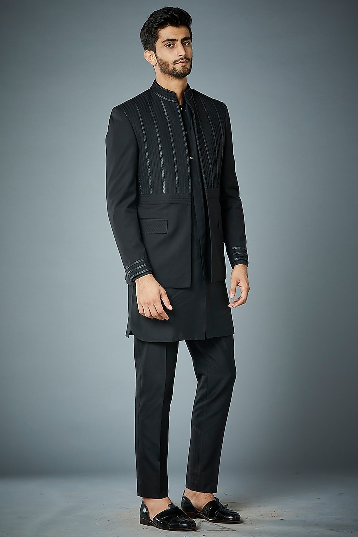 Black Poly Wool Wedding Bandhgala Set by Gargee Designers at Pernia's Pop Up Shop