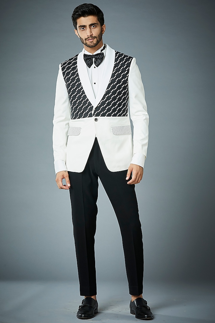 White & Black Polyester Tuxedo Set by Gargee Designers