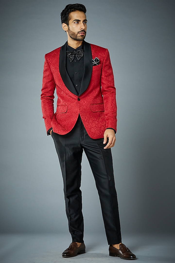 Red Embossed Polyester Tuxedo Set by Gargee Designers
