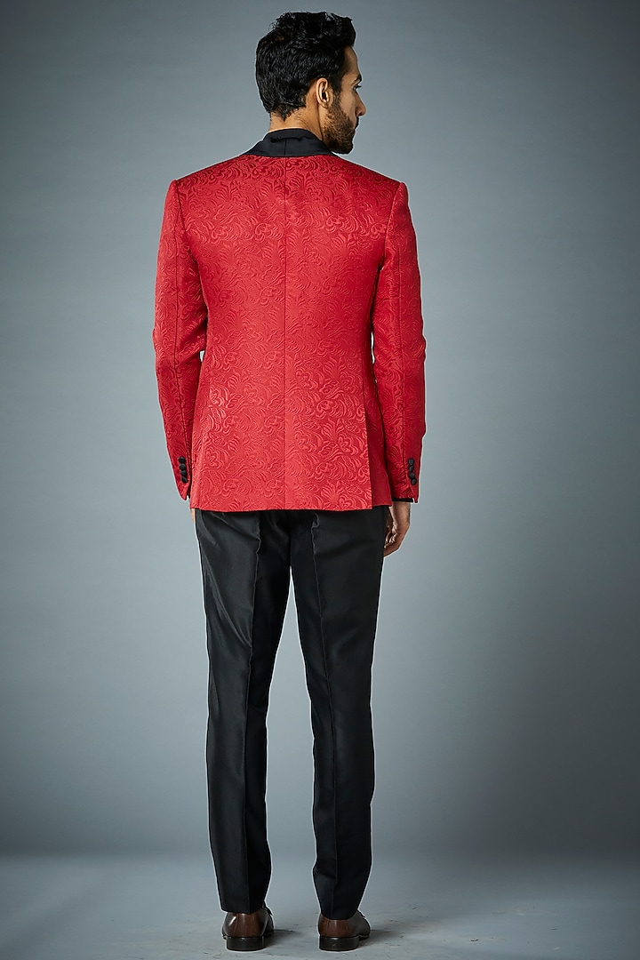 Red Embossed Polyester Tuxedo Set by Gargee Designers at Pernia's Pop Up Shop