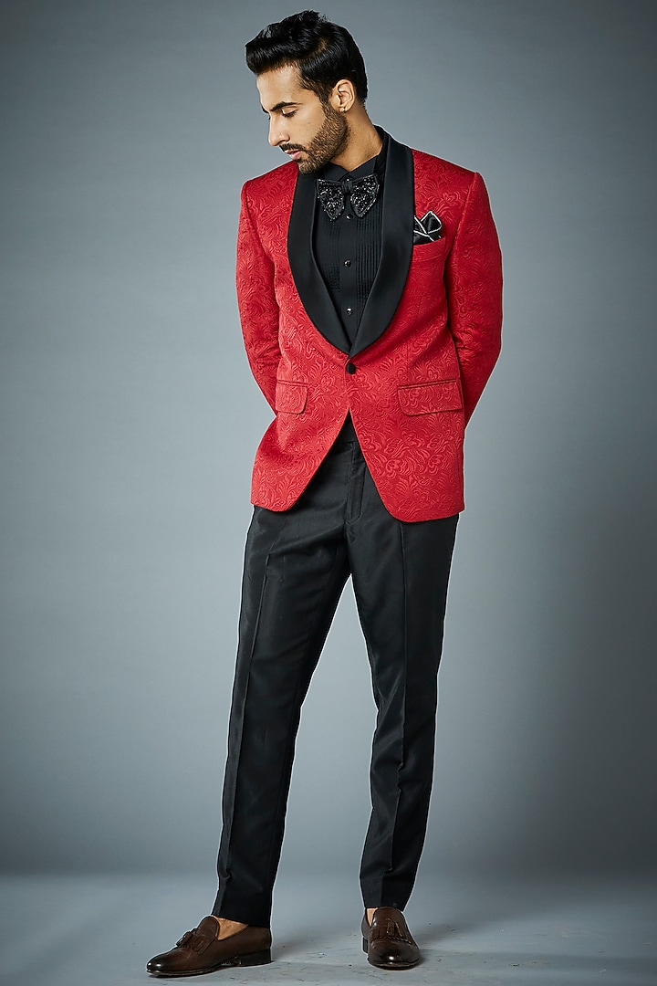 Red Embossed Polyester Tuxedo Set by Gargee Designers at Pernia's Pop Up Shop