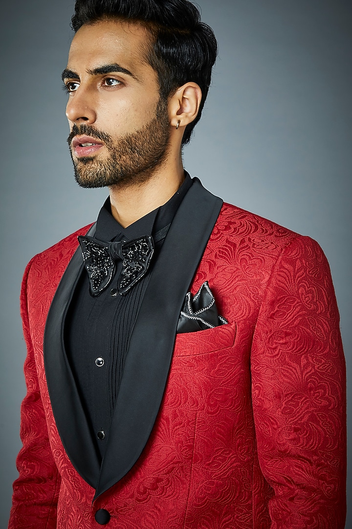 Red Embossed Polyester Tuxedo Set by Gargee Designers at Pernia's Pop Up Shop