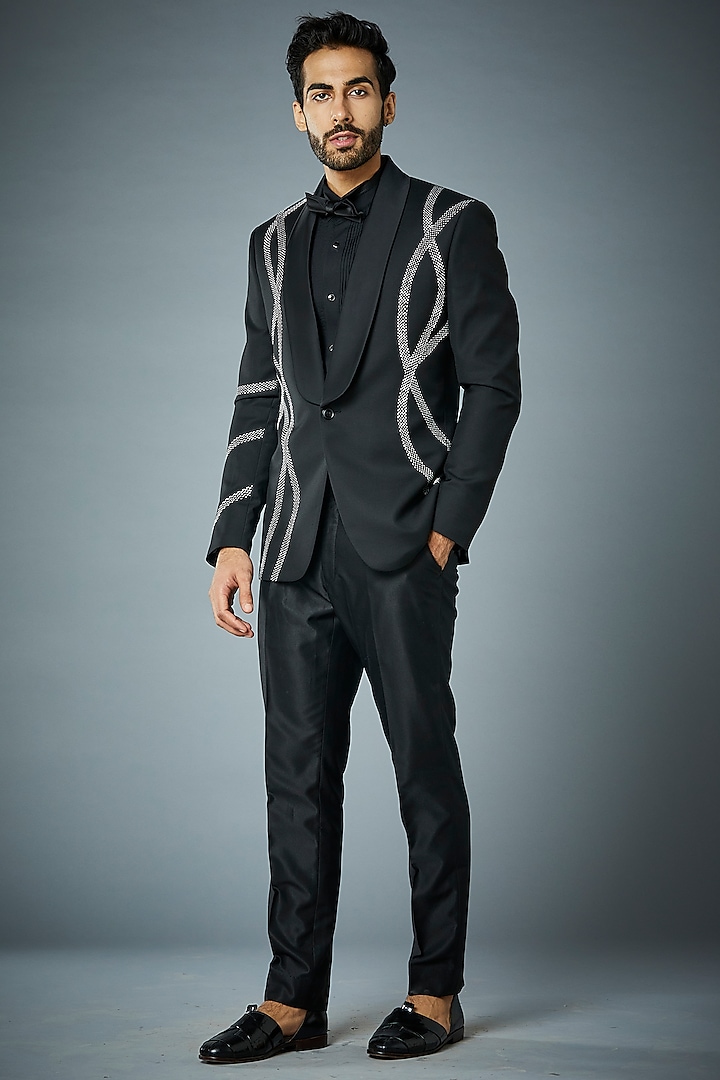 Black Thread Embroidered Tuxedo Set by Gargee Designers