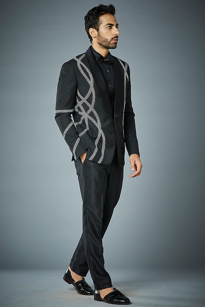 Black Thread Embroidered Tuxedo Set by Gargee Designers at Pernia's Pop Up Shop