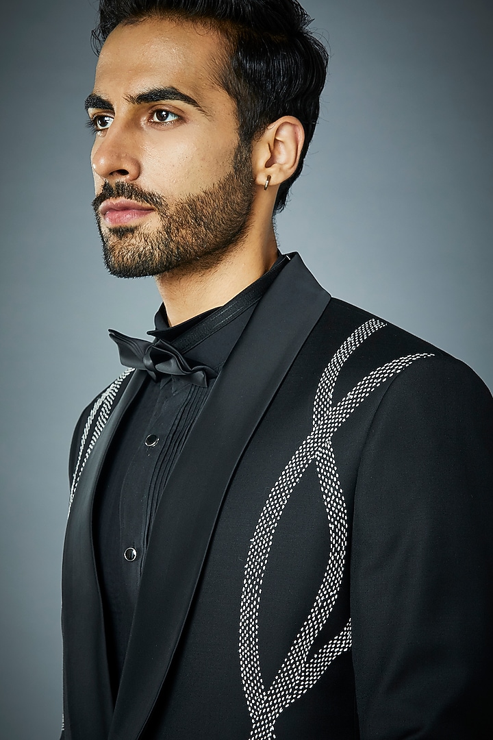 Black Thread Embroidered Tuxedo Set by Gargee Designers at Pernia's Pop Up Shop