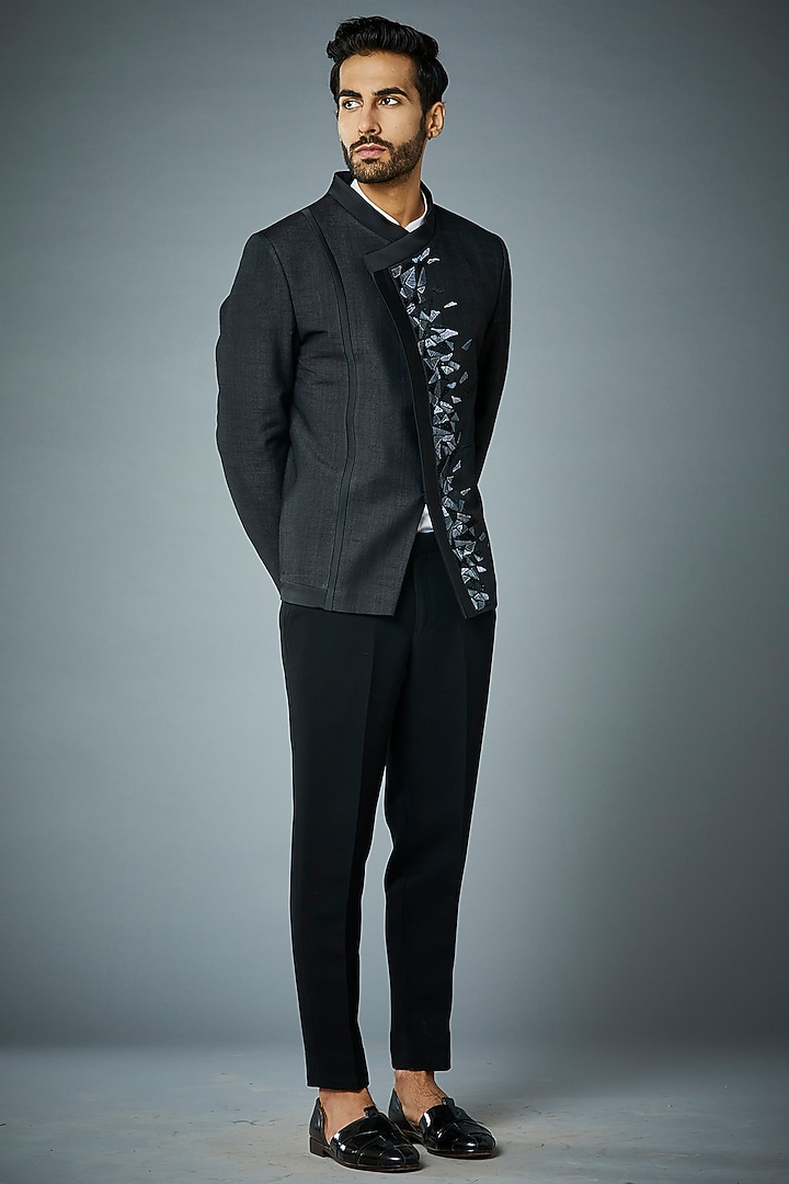 Black Hand Embroidered Wedding Bandhgala Set by Gargee Designers at Pernia's Pop Up Shop