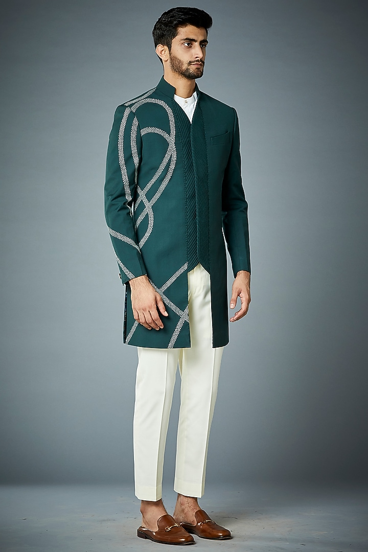 Green Embroidered Wedding Indowestern Set by Gargee Designers at Pernia's Pop Up Shop