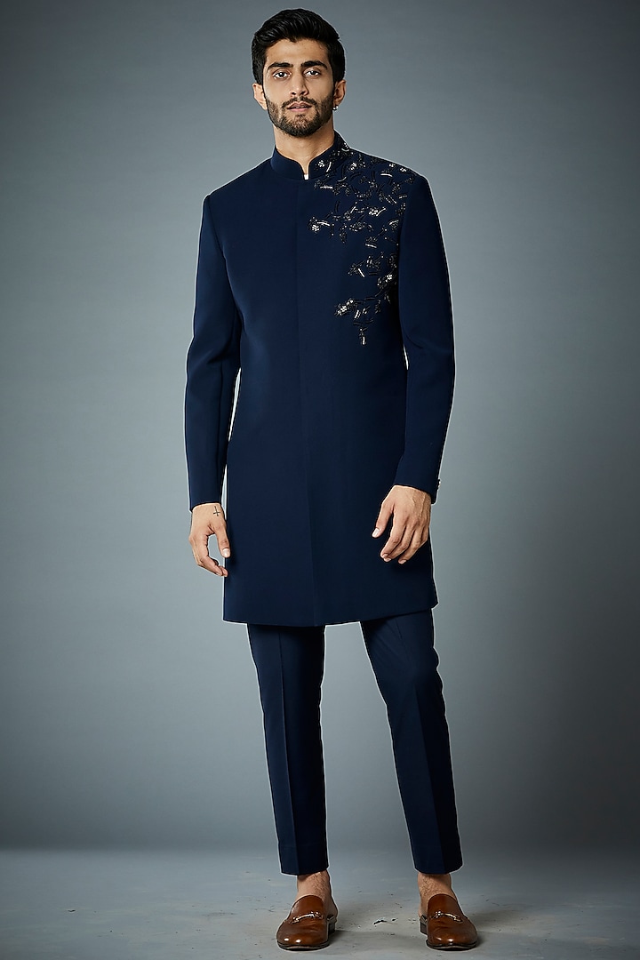 Navy Blue Hand Embroidered Wedding Indowestern Set by Gargee Designers at Pernia's Pop Up Shop
