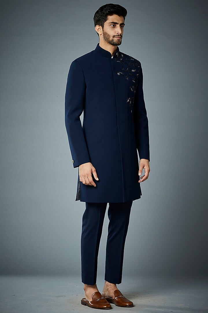 Navy Blue Hand Embroidered Wedding Indowestern Set by Gargee Designers at Pernia's Pop Up Shop