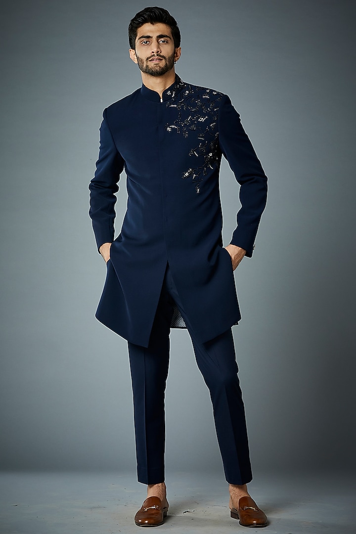 Navy Blue Hand Embroidered Wedding Indowestern Set by Gargee Designers at Pernia's Pop Up Shop