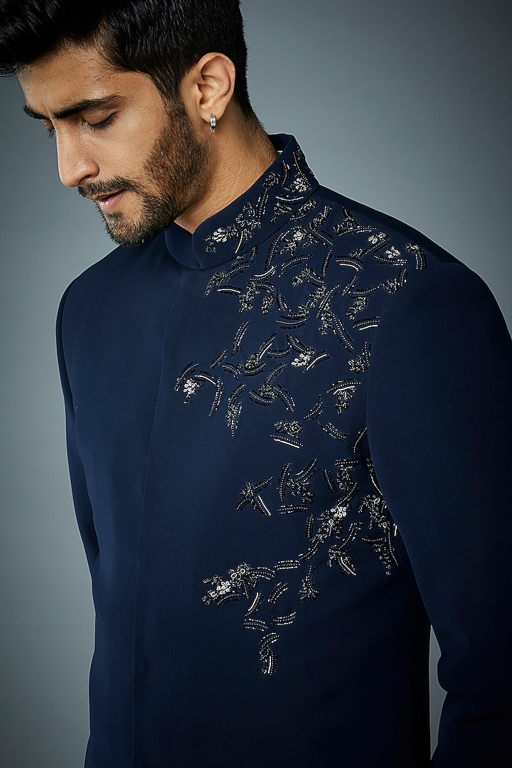 Navy Blue Hand Embroidered Wedding Indowestern Set by Gargee Designers at Pernia's Pop Up Shop
