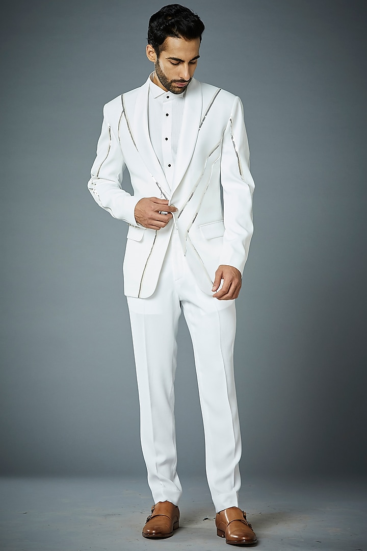 White Polyester Tuxedo Set by Gargee Designers