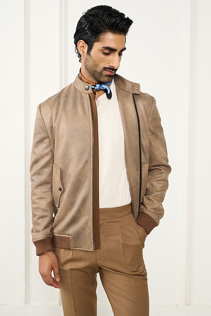 Khaki Beige Leatherite Bomber Jacket by Gargee Designers at Pernia's Pop Up Shop