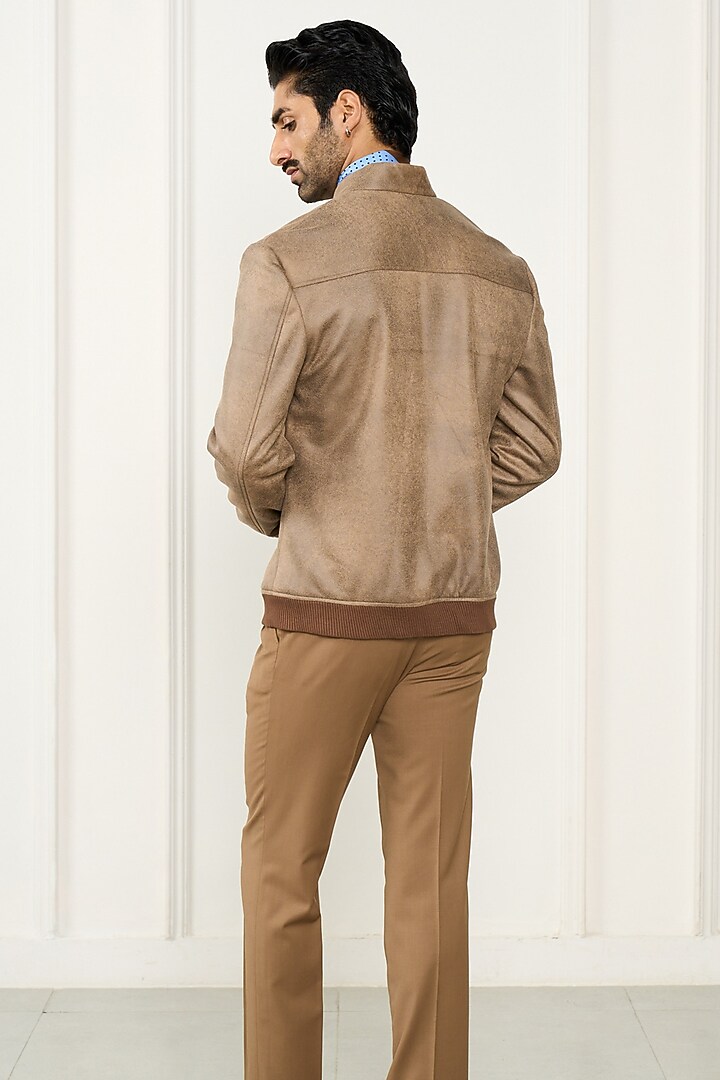 Khaki Beige Leatherite Bomber Jacket by Gargee Designers at Pernia's Pop Up Shop