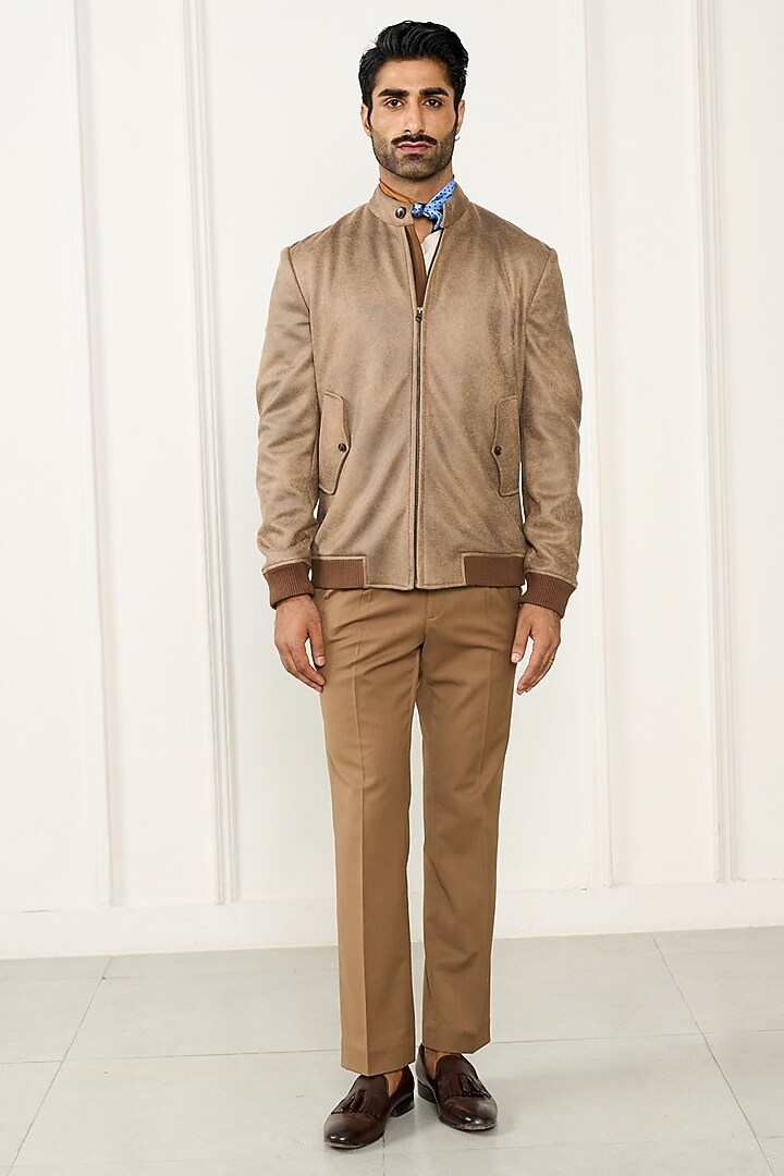 Khaki Beige Leatherite Bomber Jacket by Gargee Designers at Pernia's Pop Up Shop