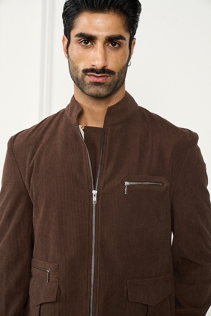Brown Poly Viscose Corduroy Bomber Jacket by Gargee Designers at Pernia's Pop Up Shop