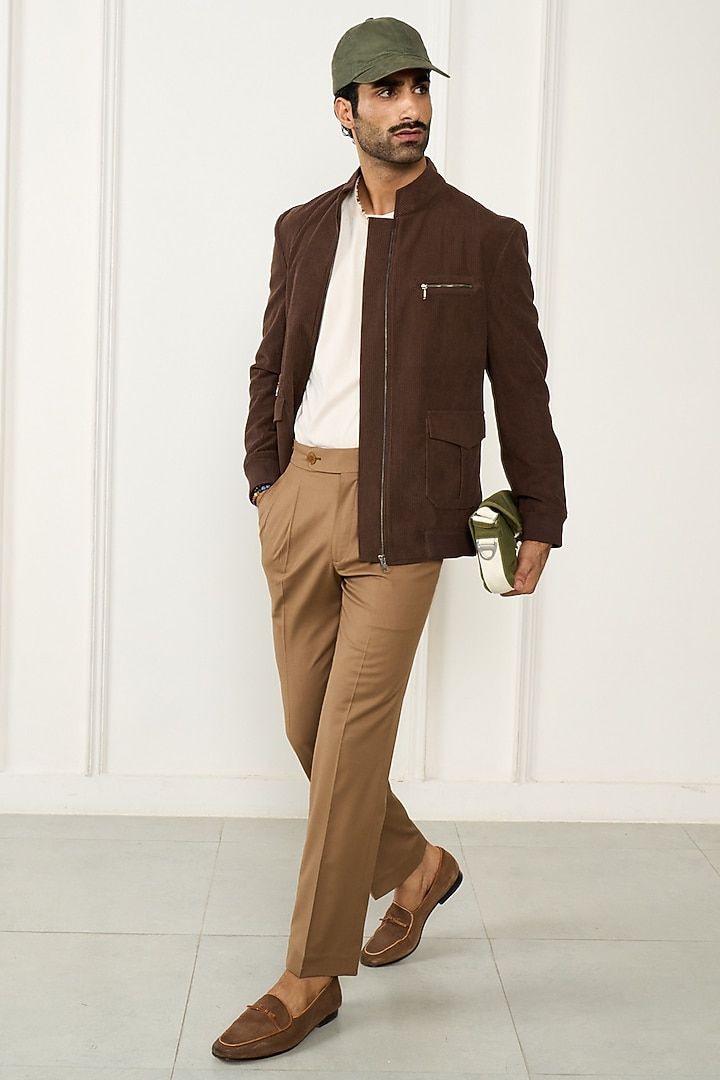 Brown Poly Viscose Corduroy Bomber Jacket by Gargee Designers at Pernia's Pop Up Shop