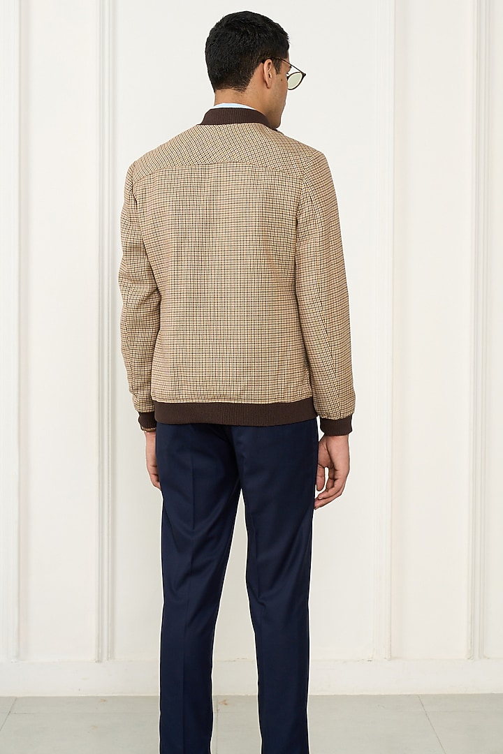 Brown & Beige Wool Houndstooth Bomber Jacket by Gargee Designers at Pernia's Pop Up Shop