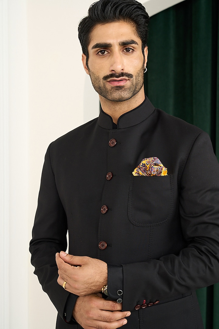 Black Poly Wool Wedding Bandhgala Set by Gargee Designers at Pernia's Pop Up Shop