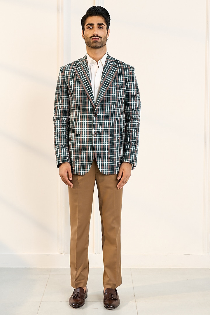 Green Poly Cotton Viscose Checkered Blazer by Gargee Designers