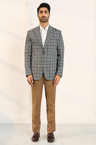 Green Poly Cotton Viscose Checkered Blazer by Gargee Designers