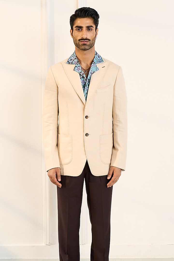 Beige Linen Blazer by Gargee Designers