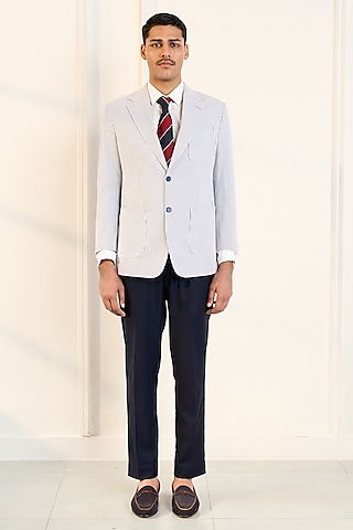 White & Blue Cotton Seersucker Stripe Blazer by Gargee Designers