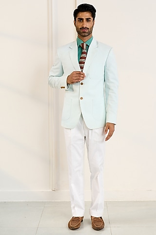 Green & Blue Cotton Seersucker Stripe Blazer by Gargee Designers