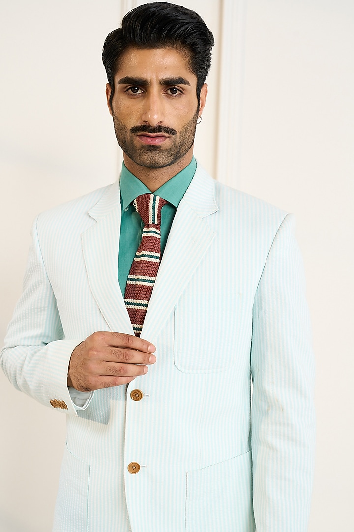Green & Blue Cotton Seersucker Stripe Blazer by Gargee Designers at Pernia's Pop Up Shop