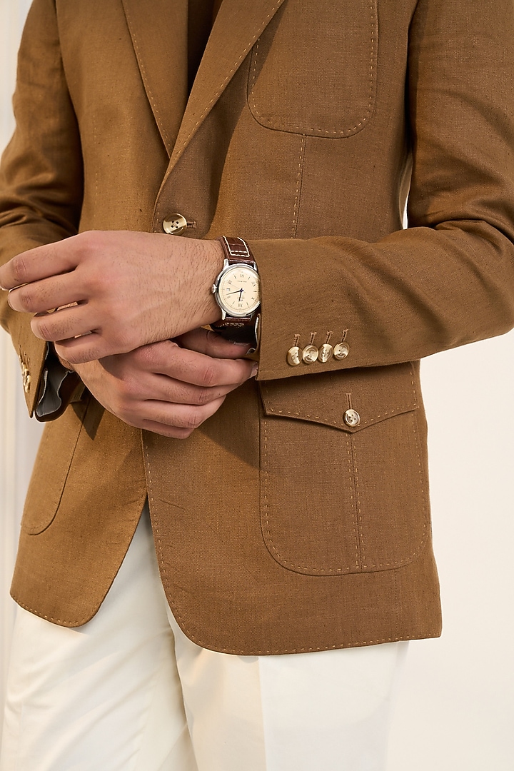 Khaki Brown Linen Blazer by Gargee Designers at Pernia's Pop Up Shop