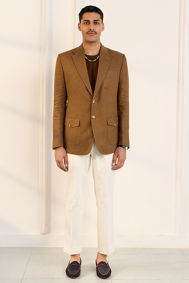 Khaki Brown Linen Blazer by Gargee Designers at Pernia's Pop Up Shop