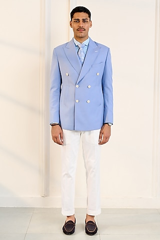 Baby Blue Terry Wool Double-Breasted Blazer by Gargee Designers
