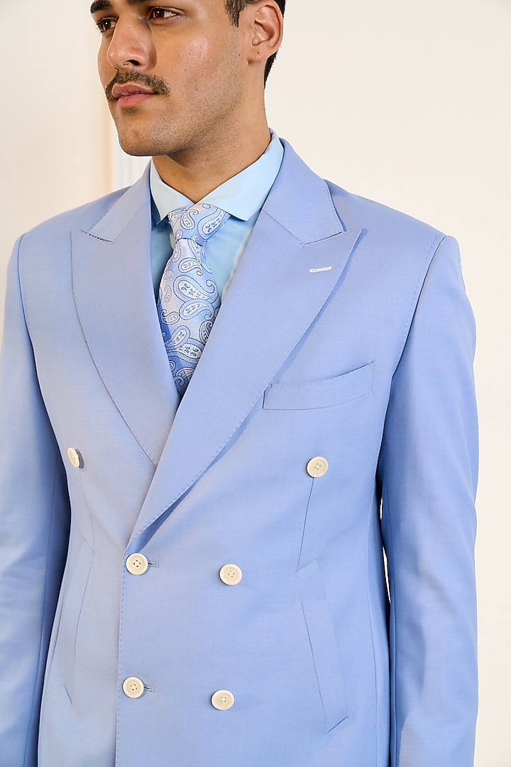 Baby Blue Terry Wool Double-Breasted Blazer by Gargee Designers at Pernia's Pop Up Shop