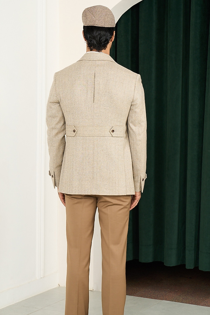 Beige Wool Herringbone Double-Breasted Blazer by Gargee Designers at Pernia's Pop Up Shop